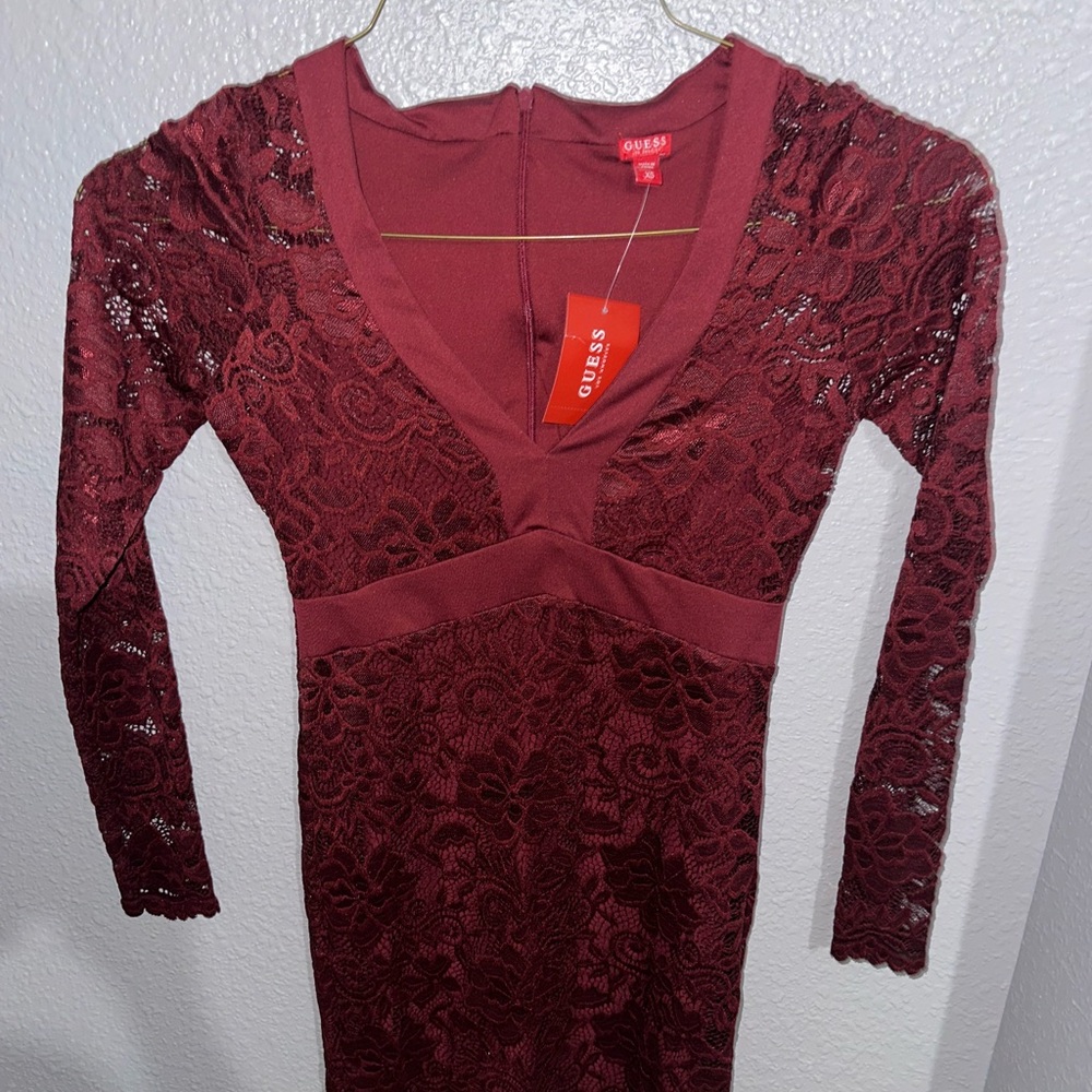 Guess Red Long Sleeve V-Neck Bodycon Dress